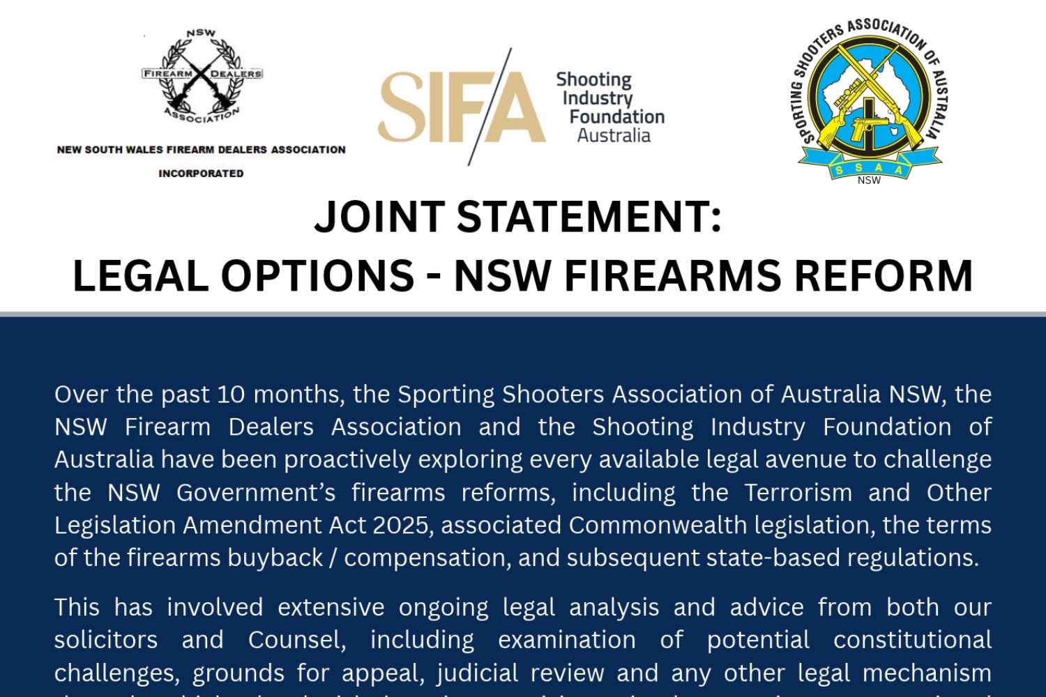 A joint statement from SSAA NSW, NSW Firearms Dealers Association and SIFA - Shooting Industry Foundation of Australia.